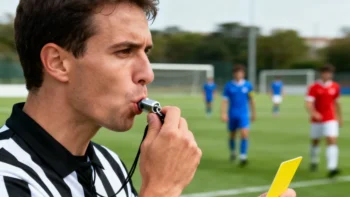 Fotbalový rozhodčí odpíská faul a udělí hráči žlutou kartu